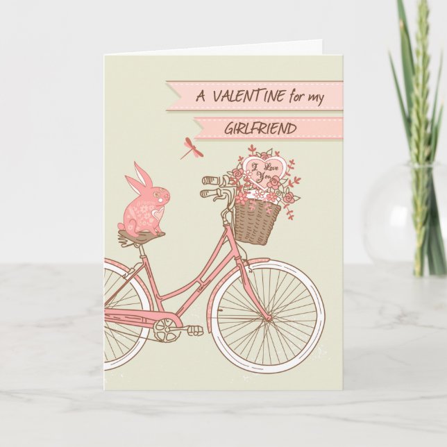 Tarjeta Festiva El día de San Valentín de Conejo Rosa de Bicicleta (Anverso)