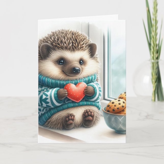 Tarjeta Festiva El día de San Valentín de Cute Hedgehog Heart Cook (Anverso)