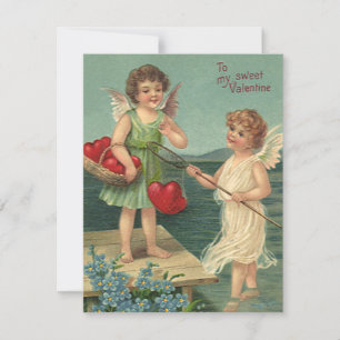 Tarjeta Festiva El día de San Valentín de época, ángeles pescando 