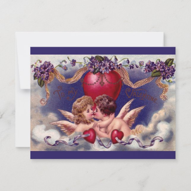 Tarjeta Festiva El día de San Valentín de época, Cherubs abrazándo (Anverso)