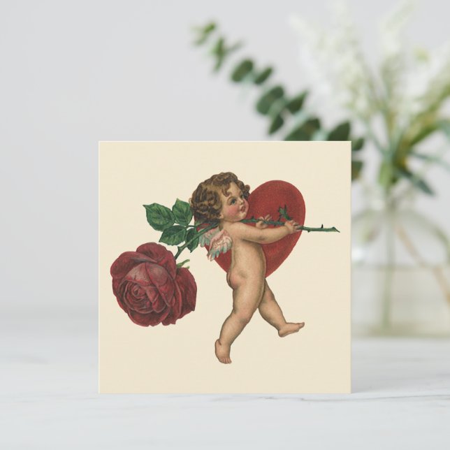Tarjeta Festiva El día de San Valentín de la época Cherub y Rosa v (Anverso de pie)