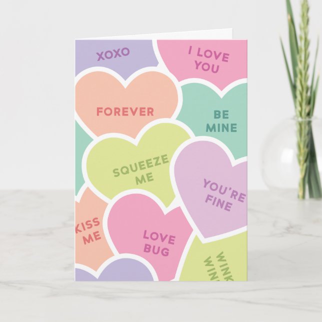 Tarjeta Festiva El día de San Valentín de mensajes de Candy Hearts (Anverso)