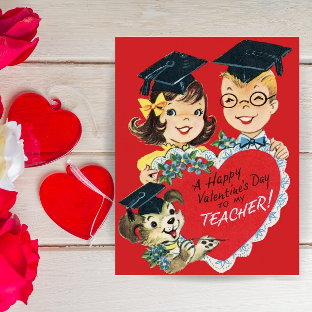 Tarjeta Festiva El día de San Valentín del Personalizado del profe (Vintage Retro Teacher Custom Valentine's Day Holiday Card. Add a special message and/or your name!
)