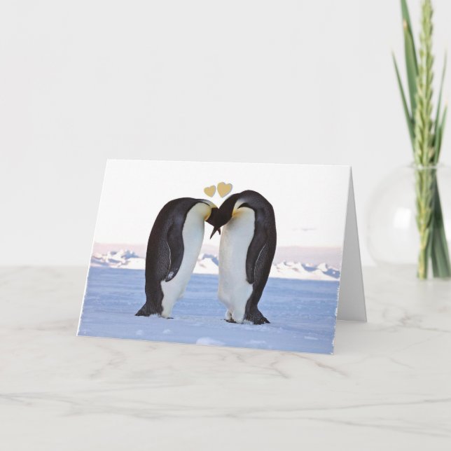 Tarjeta Festiva El día de San Valentín, dos pingüinos enamorados,  (Anverso)