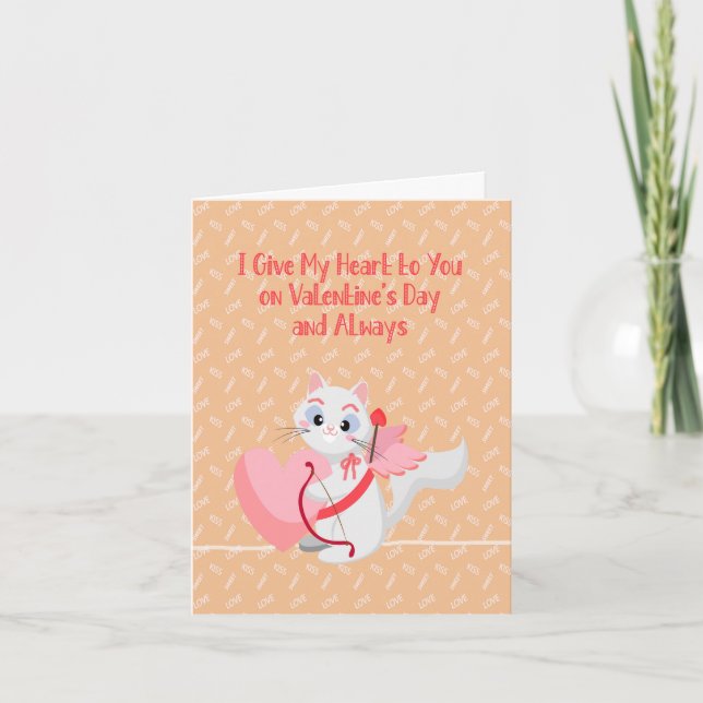 Tarjeta Festiva El día de San Valentín enamorado con gato blanco (Anverso)