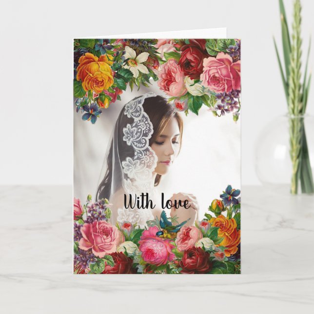 Tarjeta Festiva El día de San Valentín Floral con Boda de fotos de (Anverso)