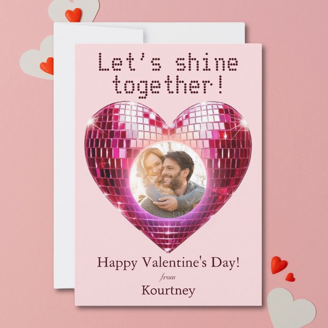 Tarjeta Festiva El día de San Valentín fotográfico personalizado D (Personalized Photo Valentine's Day Disco Heart Holiday Card)