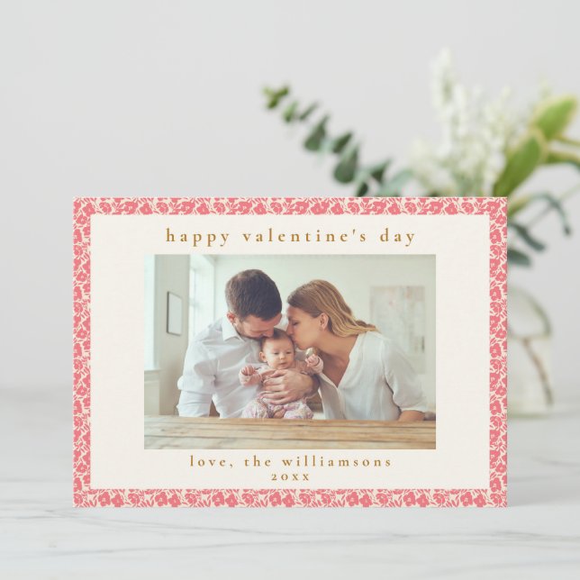 Tarjeta Festiva El día de San Valentín fotográfico rosa rosado vin (Anverso de pie)