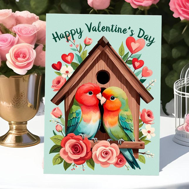 Tarjeta Festiva El día de San Valentín Lovebirds Cute Pareja de Lo (Sweet lovebirds birdhouse valentine card for owner of pet love birds)
