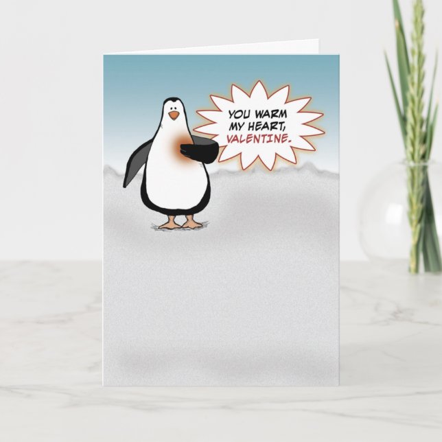 Tarjeta Festiva El día de San Valentín: Pingüino Con Cálido Corazó (Anverso)