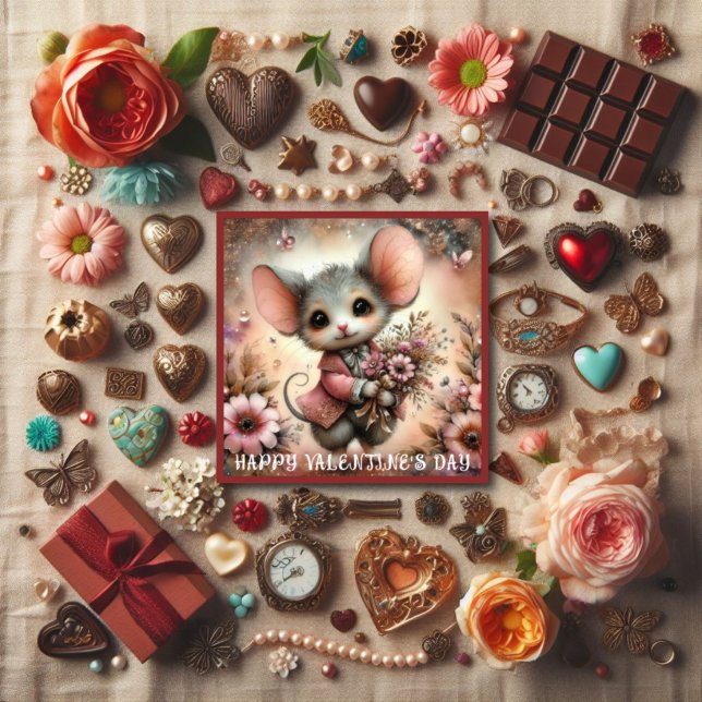 Tarjeta Festiva El día de San Valentín Ratón Flor Bouquet Christia (Subido por el creador)