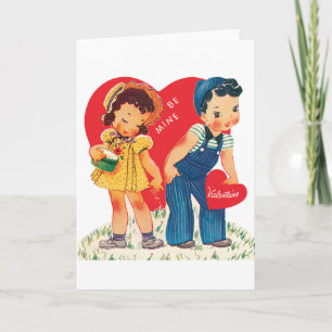Tarjeta Festiva El día de San Valentín retro, Chica ventilado y co