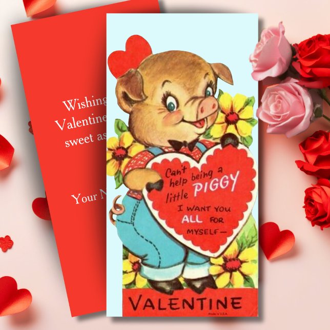 Tarjeta Festiva El día de San Valentín retro de Personalizado de c (Vintage Little Piggy Custom Retro Valentine's Day Holiday Card. Add your name & a special message!)
