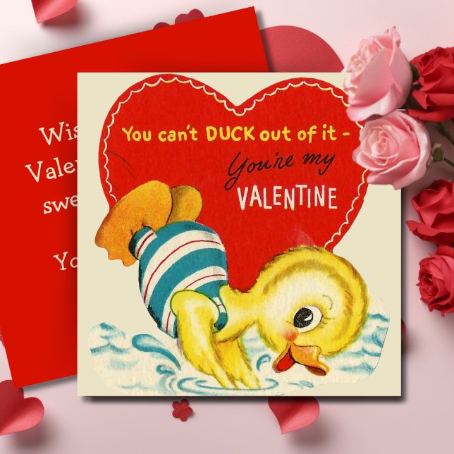 Tarjeta Festiva El día de San Valentín retro de Personalizado de p (Cute Vintage Duck Custom Retro Valentine's Day Holiday Card. Add your name & a special message!)