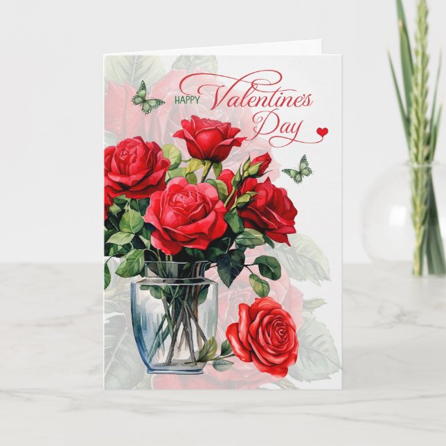 Tarjeta Festiva El día de San Valentín Vase de rosas rojas y marip (Anverso)