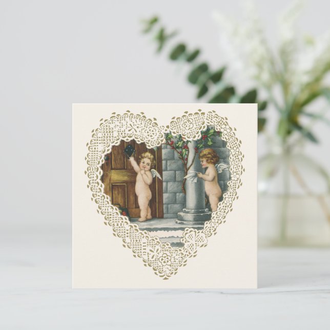 Tarjeta Festiva El día de San Valentín victoriano, ángeles de époc (Anverso de pie)