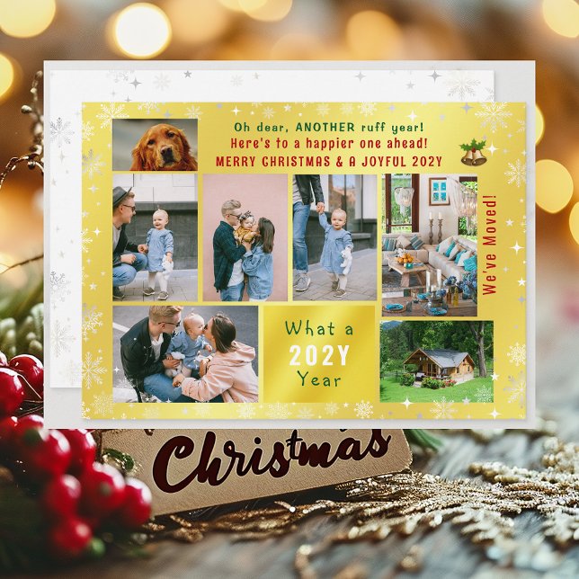 Tarjeta Festiva El divertido año de la corrupción del perro hemos  (Funny Pet Dog Ruff Year Christmas New Year Card We've Moved 7 Photos Elegant Golden Cute Modern)
