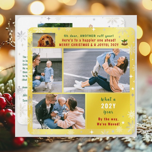 Tarjeta Festiva El divertido año de la corrupción del perro hemos  (Funny Pet Dog Ruff Year Christmas New Year Card We've Moved 5 Photos Elegant Golden Cute Modern)
