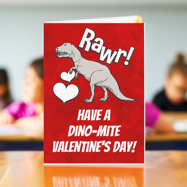 Tarjeta Festiva El el día de San Valentín del Tyrannosaurus T Rex (dinosaur kids valentine card)