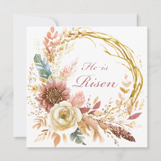 Tarjeta Festiva Él es Risen boho floral wreath Pascua (Anverso)
