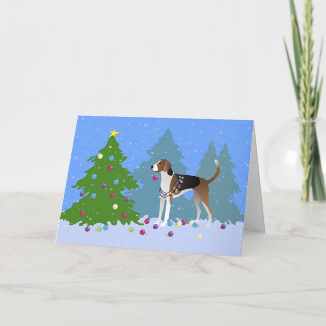 Tarjeta Festiva El Foxhound americano decorando el bosque de árbol (Anverso)