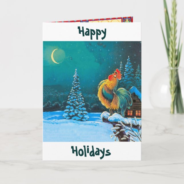 Tarjeta Festiva el gallo los días de fiesta está aquí otra vez (Anverso)