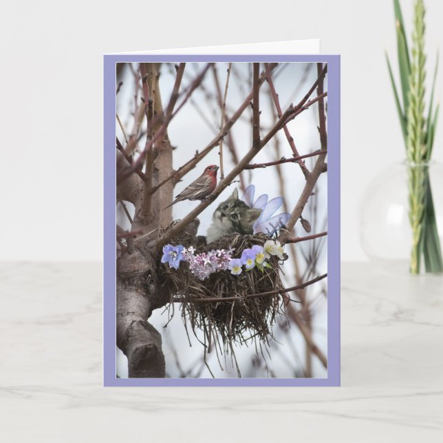 Tarjeta Festiva El gatito y el pájaro lindos jerarquizan Pascua o (Anverso)