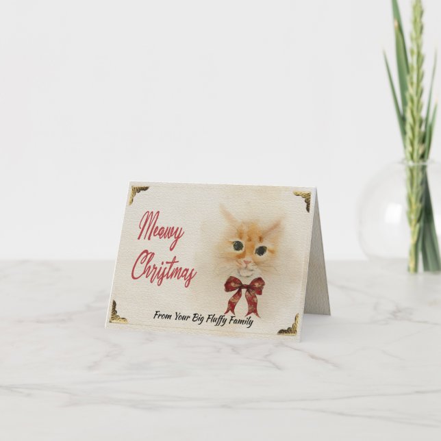 Tarjeta Festiva El gato abisano Meowy Navidades acuarela arte (Anverso)