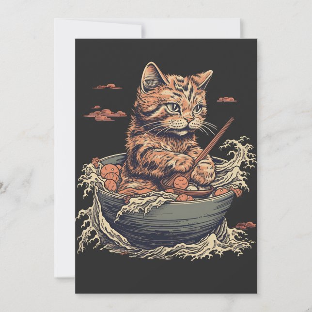Tarjeta Festiva el gato come Ramen, ola de Kanawaga (Anverso)