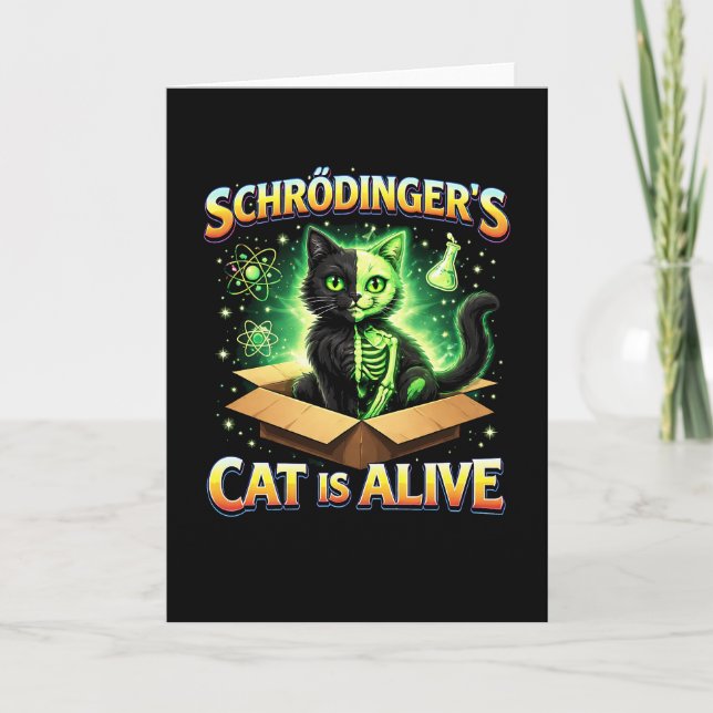 Tarjeta Festiva El gato curioso de Schrödinger (Anverso)