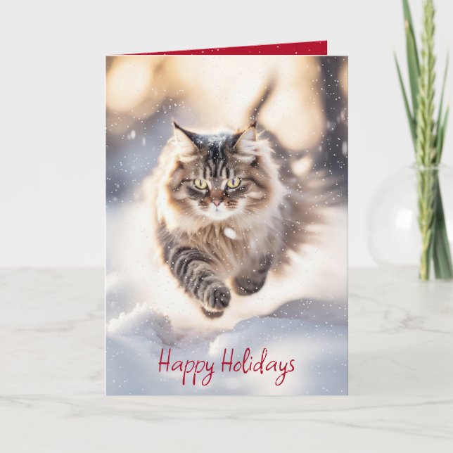 Tarjeta Festiva El gato Maine Coon Dando La Nieve (Anverso)