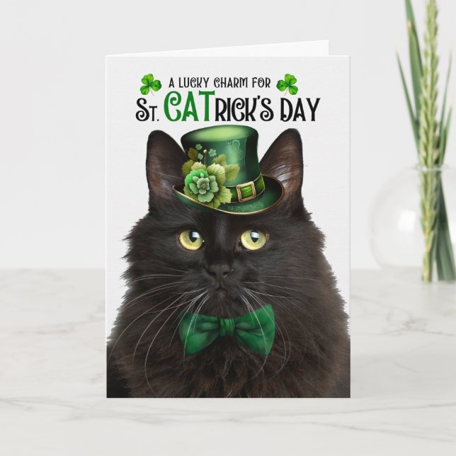 Tarjeta Festiva El gato negro y esponjoso St. CATrick's Day con en (Anverso)