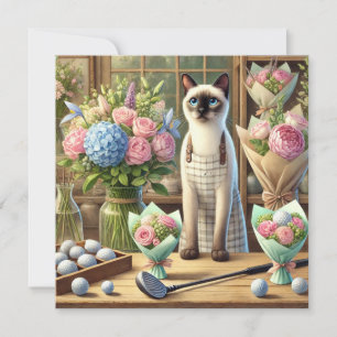 Tarjeta Festiva El gato organiza hermosas flores para el golfista