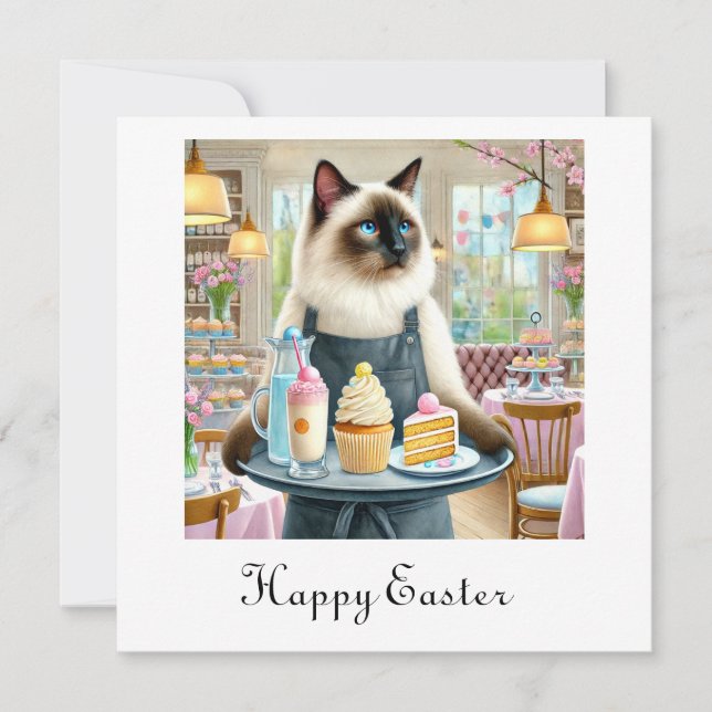 Tarjeta Festiva El gato sirve pasteles y bebidas en la cafetería (Anverso)