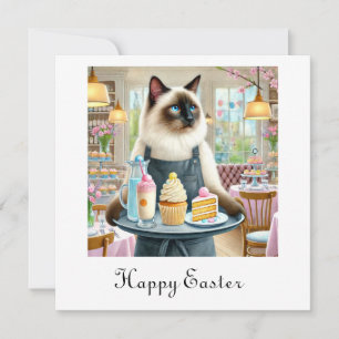 Tarjeta Festiva El gato sirve pasteles y bebidas en la cafetería