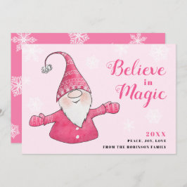 Tarjeta Festiva El Gnome Rosa Cute cree en los Navidades mágicos