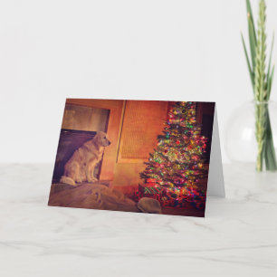 Tarjeta Festiva El golden retriever espera al lado de la chimenea