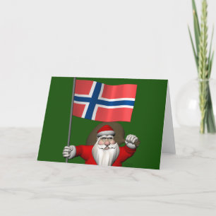 Tarjeta Festiva El gracioso Papá Noel Con Bandera De Noruega