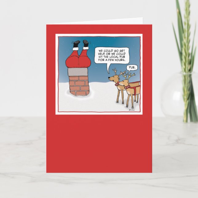 Tarjeta Festiva El gracioso Santa Atrapado en Navidades de chimene (Anverso)