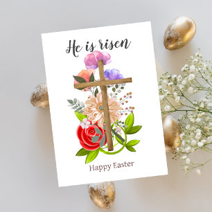 Tarjeta Festiva Él ha resucitado, cruz de Pascua de madera floral,