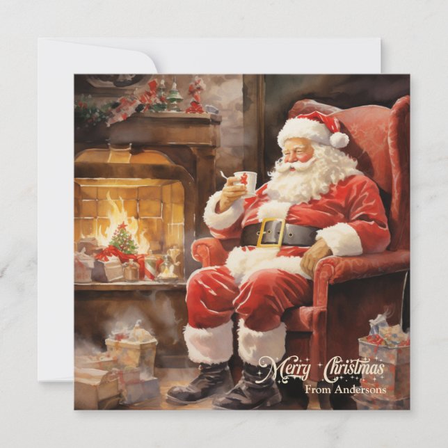 Tarjeta Festiva El ilustracion de Retro Cute Santa Claus lee carta (Anverso)
