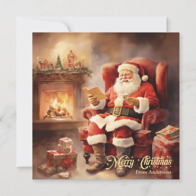 Tarjeta Festiva El ilustracion de Retro Cute Santa Claus lee carta (Anverso)