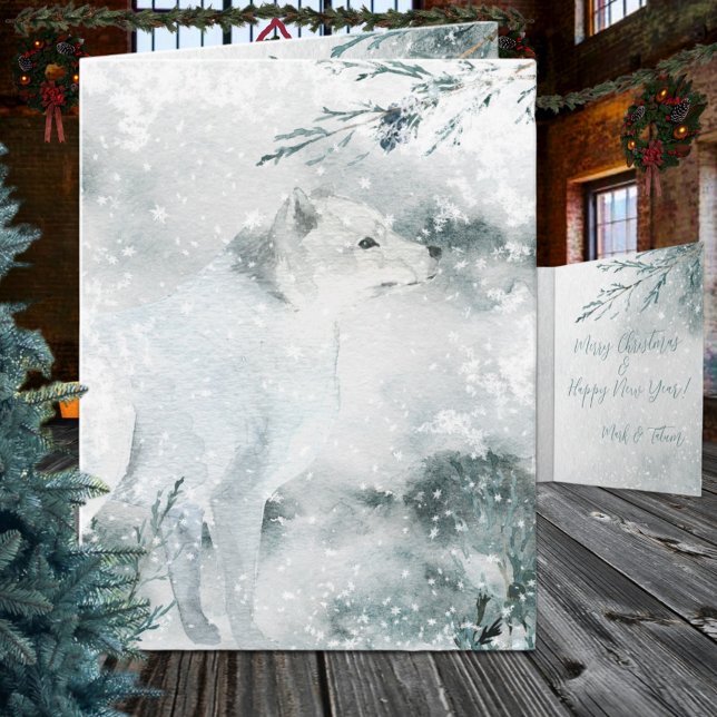 Tarjeta Festiva El Invernadero Zorro Ártico Blanco En El Salvaje (Snowy Winter White Arctic Fox In The Wild Christmas Holiday Wraparound Graphics Folded Card)
