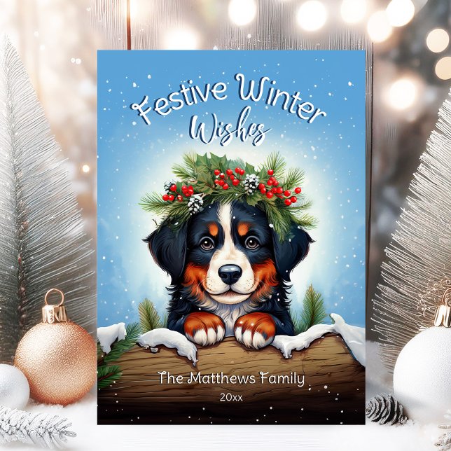 Tarjeta Festiva El invierno festivo de nieve quiere al perro de mo (Adorable Winter Snowy Scene With Peeking Dogs or Farm/Woodland Animals - Over 50 to Choose From!)