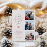 Tarjeta Festiva El Momento Más Maravilloso Del Año Foto<br><div class="desc">¡es la época más maravillosa del año!,  moderna tarjeta minimalista de 3 fotos de vacaciones. Elementos,  suaves tonos beige y rojo rústico con una elegante tipografía negra y detalles festivos del arco rojo.</div>