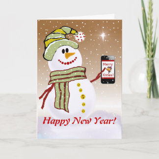 Tarjeta Festiva El muñeco de nieve con el teléfono móvil carda la