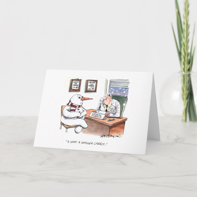 Tarjeta Festiva El muñeco de nieve consulta al cirujano plástico (Anverso)