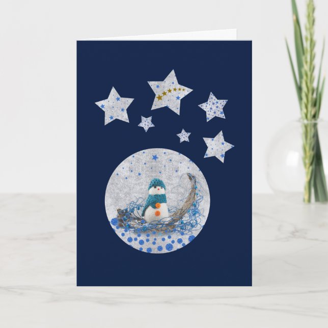 Tarjeta Festiva El muñeco de nieve, estrellas azules brillantes, (Anverso)