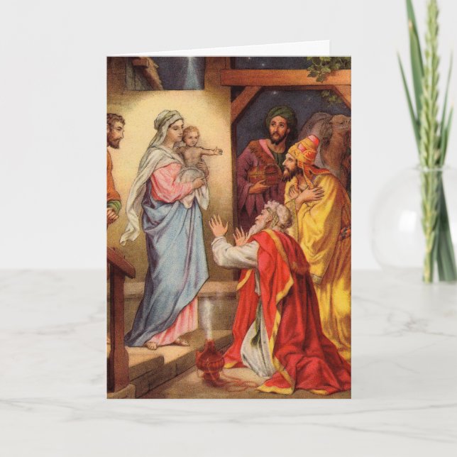 Tarjeta Festiva El Niño Jesús Vintage y los Reyes Magos (Anverso)