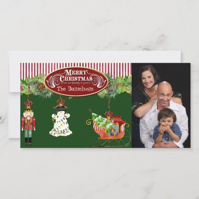 Tarjeta Festiva El Nutcracker de Snowman Santa Sleigh (Anverso)